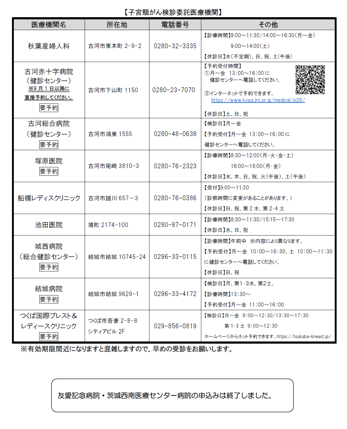 子宮頸がん検診委託医療機関一覧