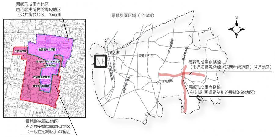 対象区域図。景観計画区域と重点地区、重点路線を地図上に表示しています。
