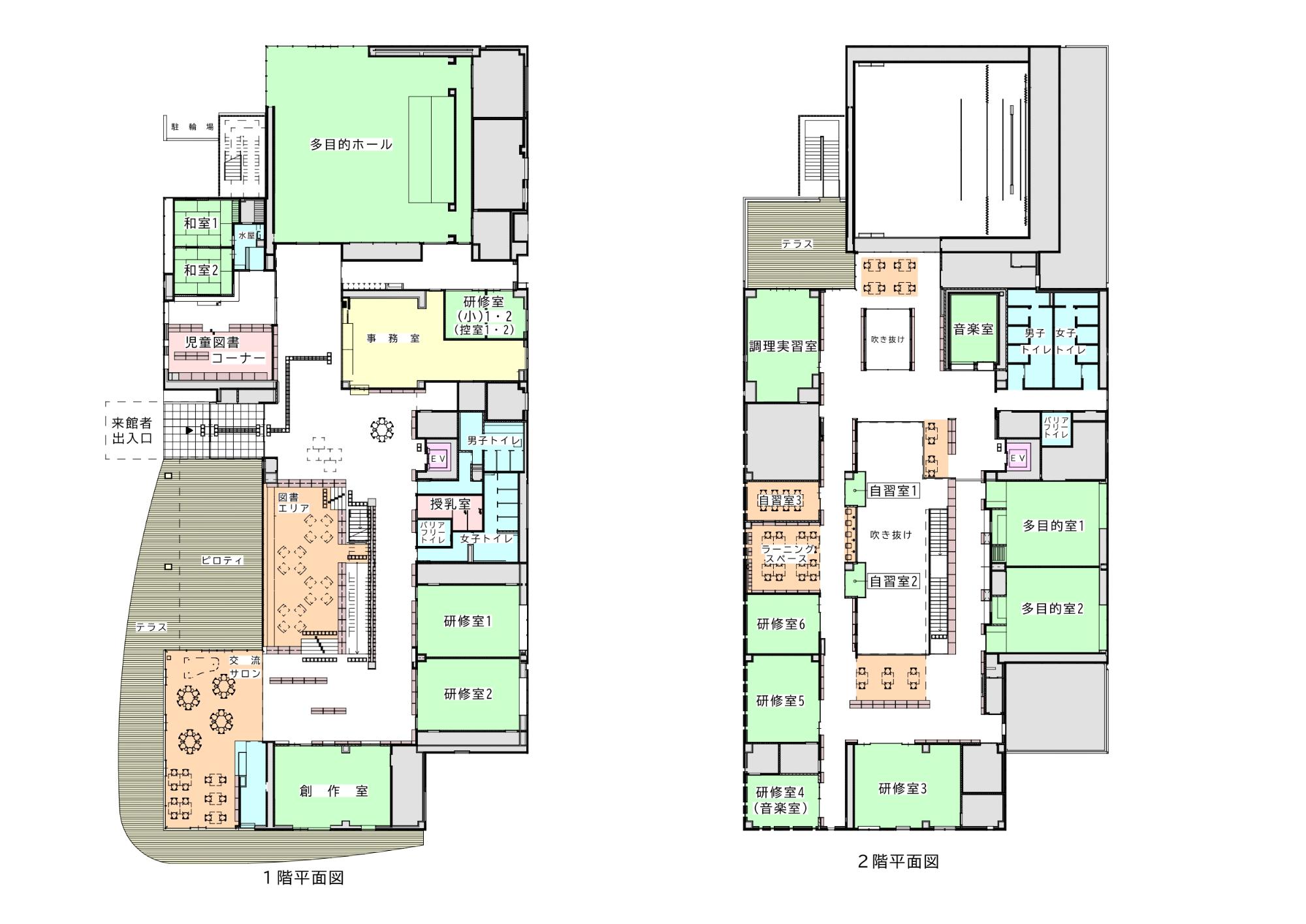 ふくろうの森プラザ平面図左側に1階、右側に2階