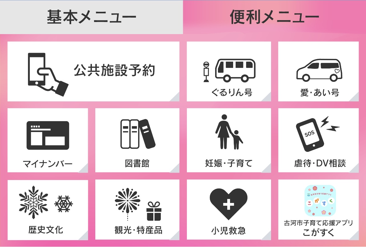 公式LINEメニュー（公共施設予約、マイナンバー、歴史文化、図書館、観光・特産品、ぐるりん号、妊娠・子育て、小児救急、愛・あい号、虐待・DV相談、こがすく）