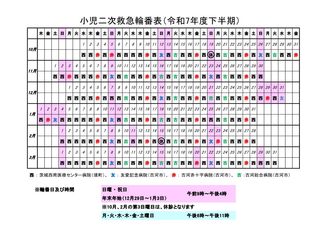 令和7年度下半期小児輪番表（10月31日変更掲載版）
